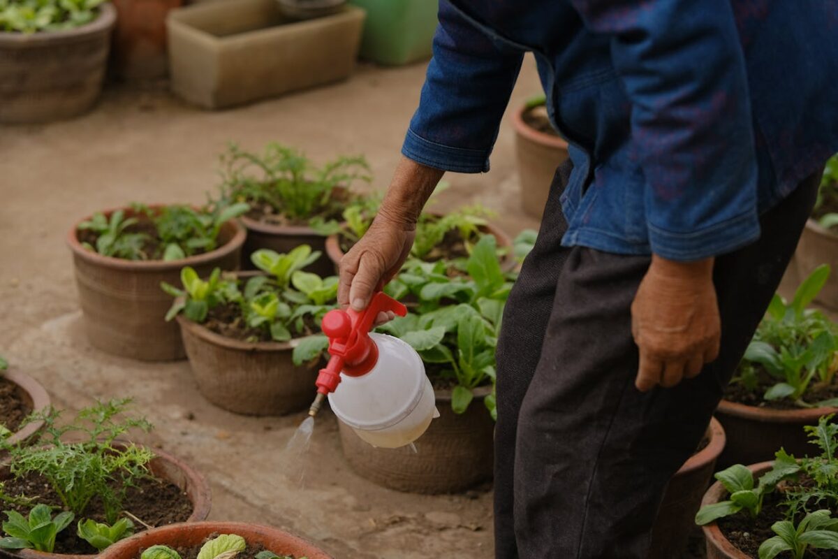 Close-up of a gardener watering potted plants with a spray bottle outdoors.
