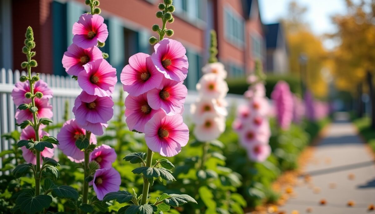 Des roses trémières fleurissent sur le trottoir voisin grâce aux graines gratuites offertes par la mairie cet automne